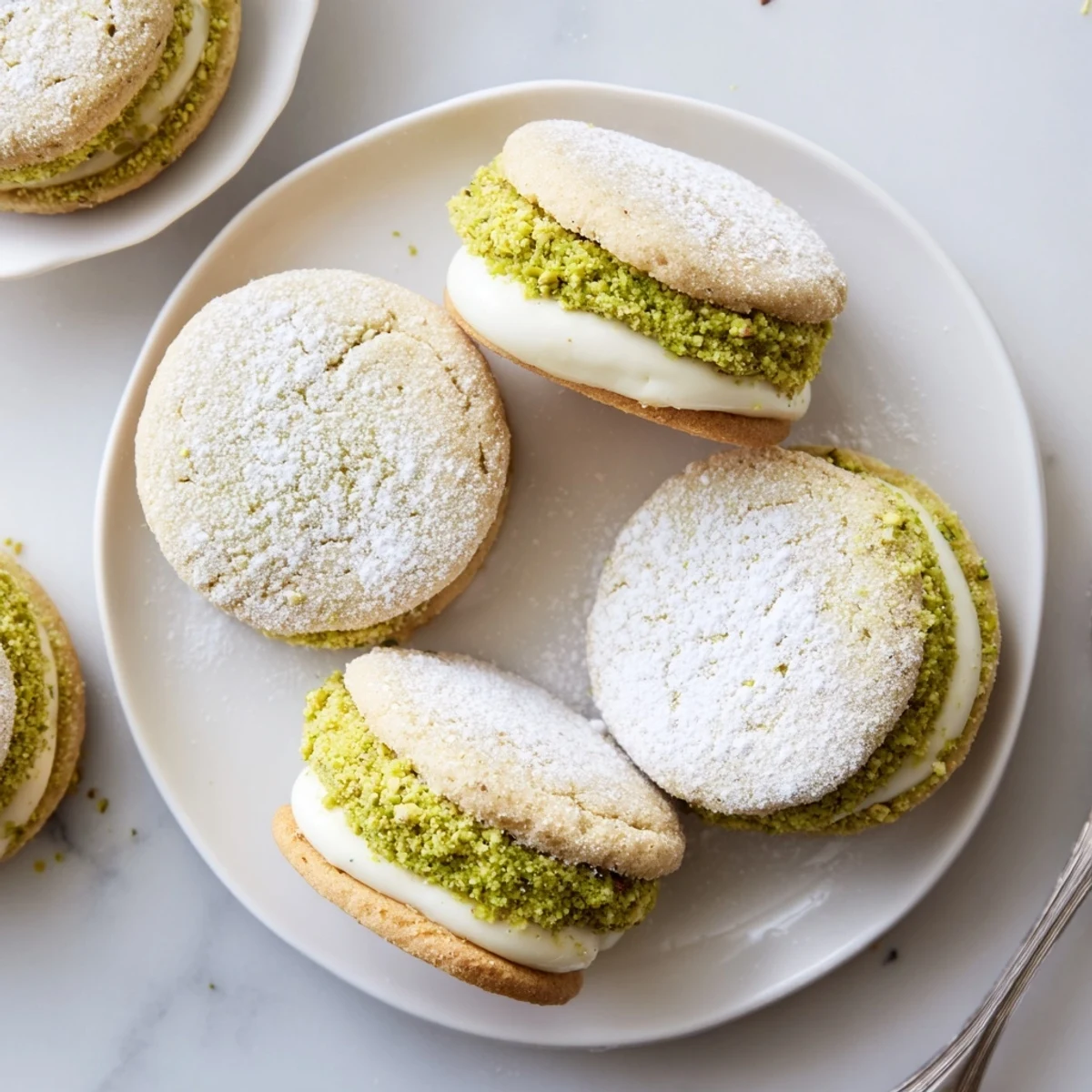 A close-up of Pistachio Cream Cookies Recipe, buttery rounds dusted with powdered sugar