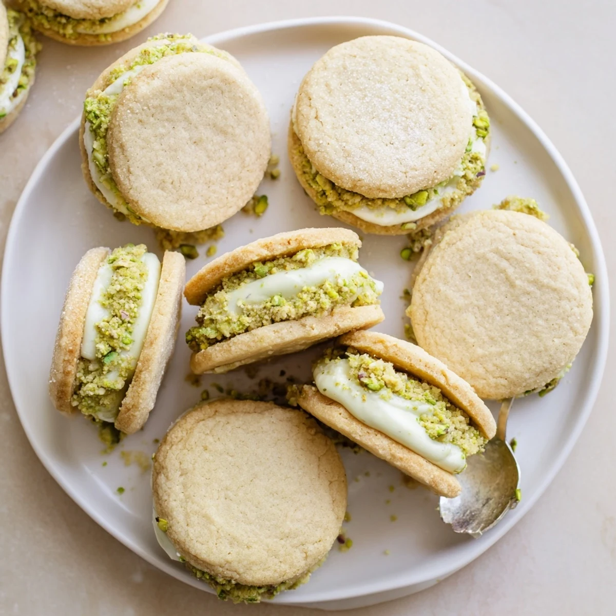 Freshly baked Pistachio Cream Cookies Recipe stacked on plate, perfect for afternoon tea