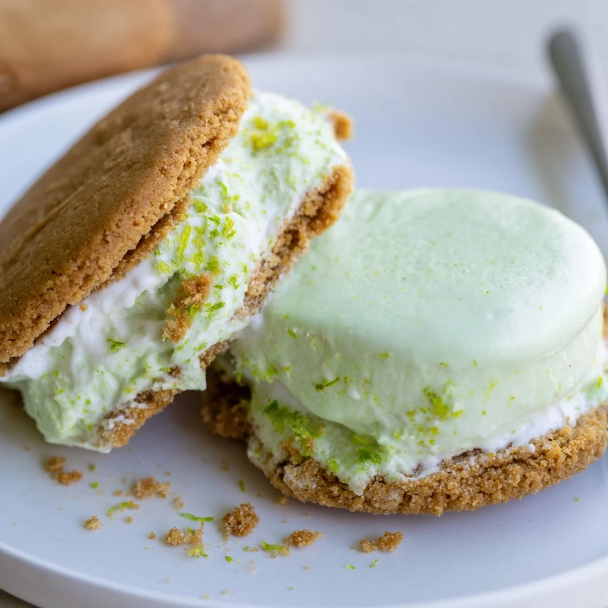 Key Lime Pie Ice Cream Sandwiches on parchment, creamy lime filling, graham crumbs