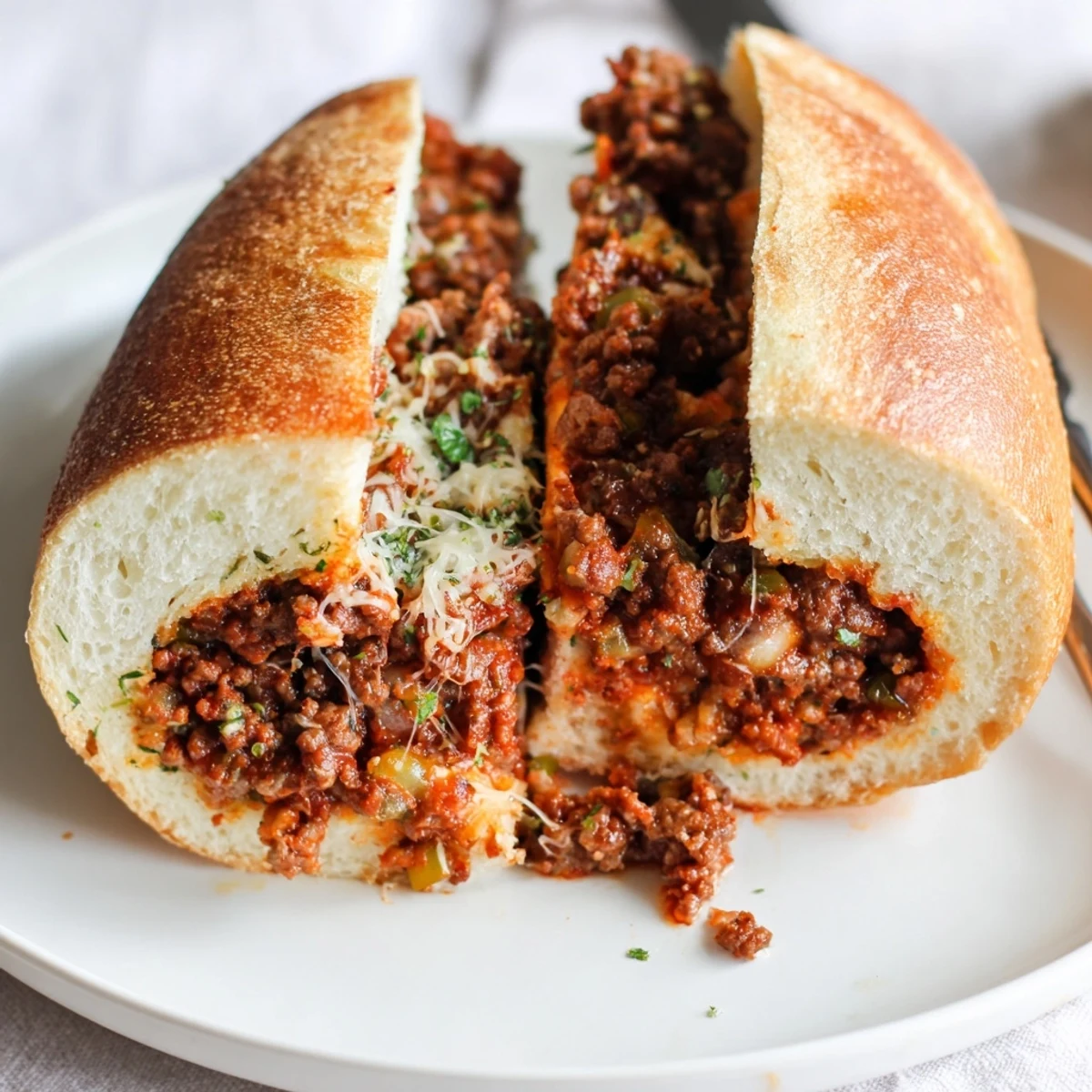 Garlic Bread Sloppy Joes piled on a plate, steaming, cheesy, buttery edges.