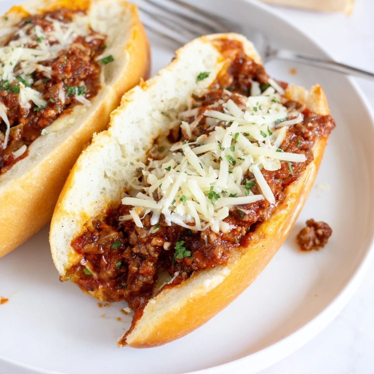 Oven-baked Garlic Bread Sloppy Joes sliced, melting cheese, garnished with parsley.