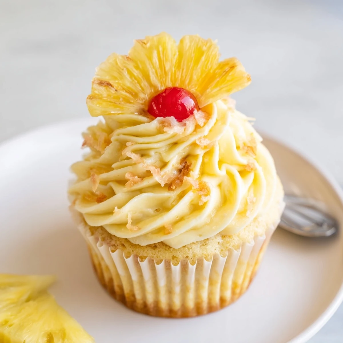 Freshly baked Dole Whip Cupcakes Recipe, warm pineapple aroma, cream cheese swirl.