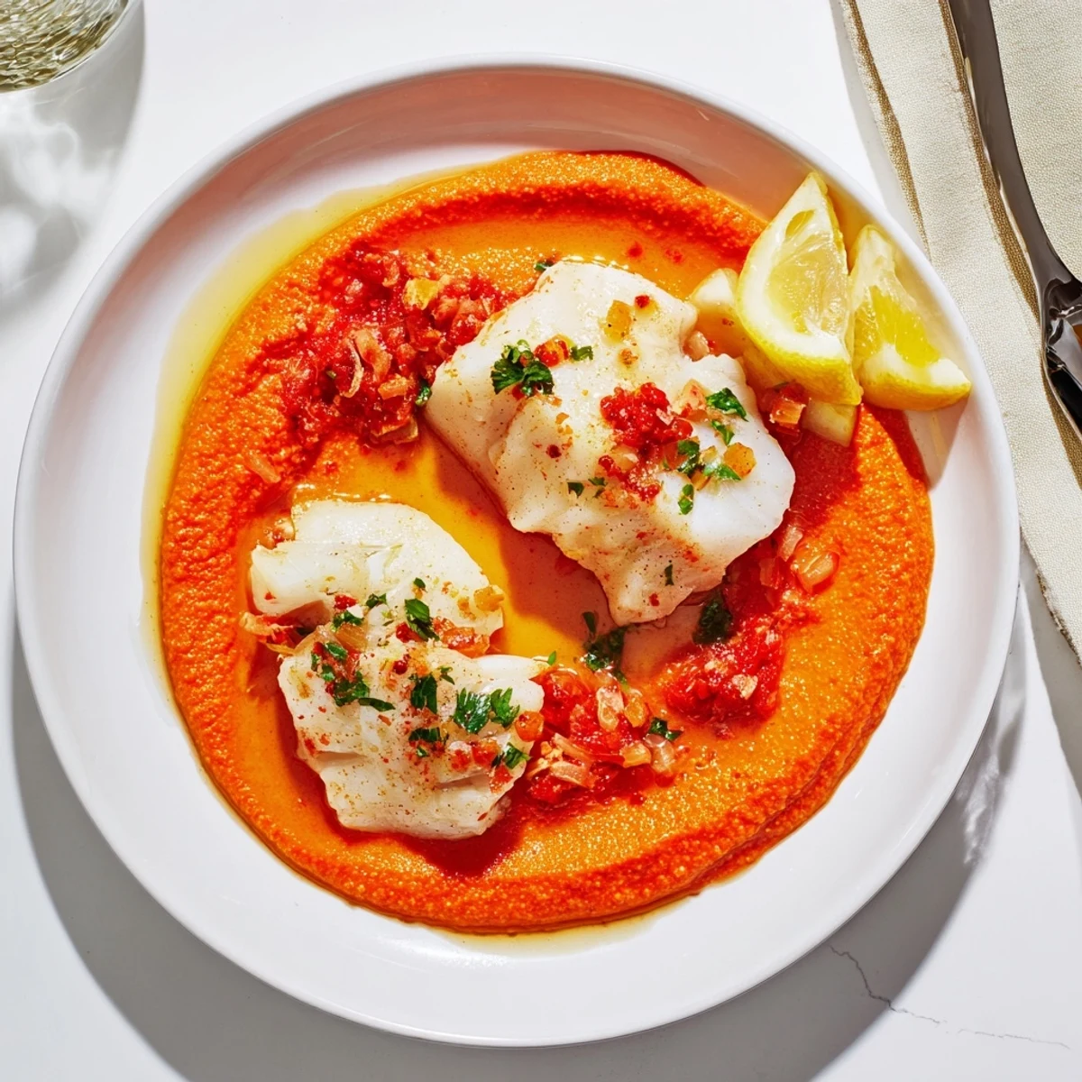 Cod In Roasted Red Pepper Sauce smothering tender fillets, bright lemon and parsley
