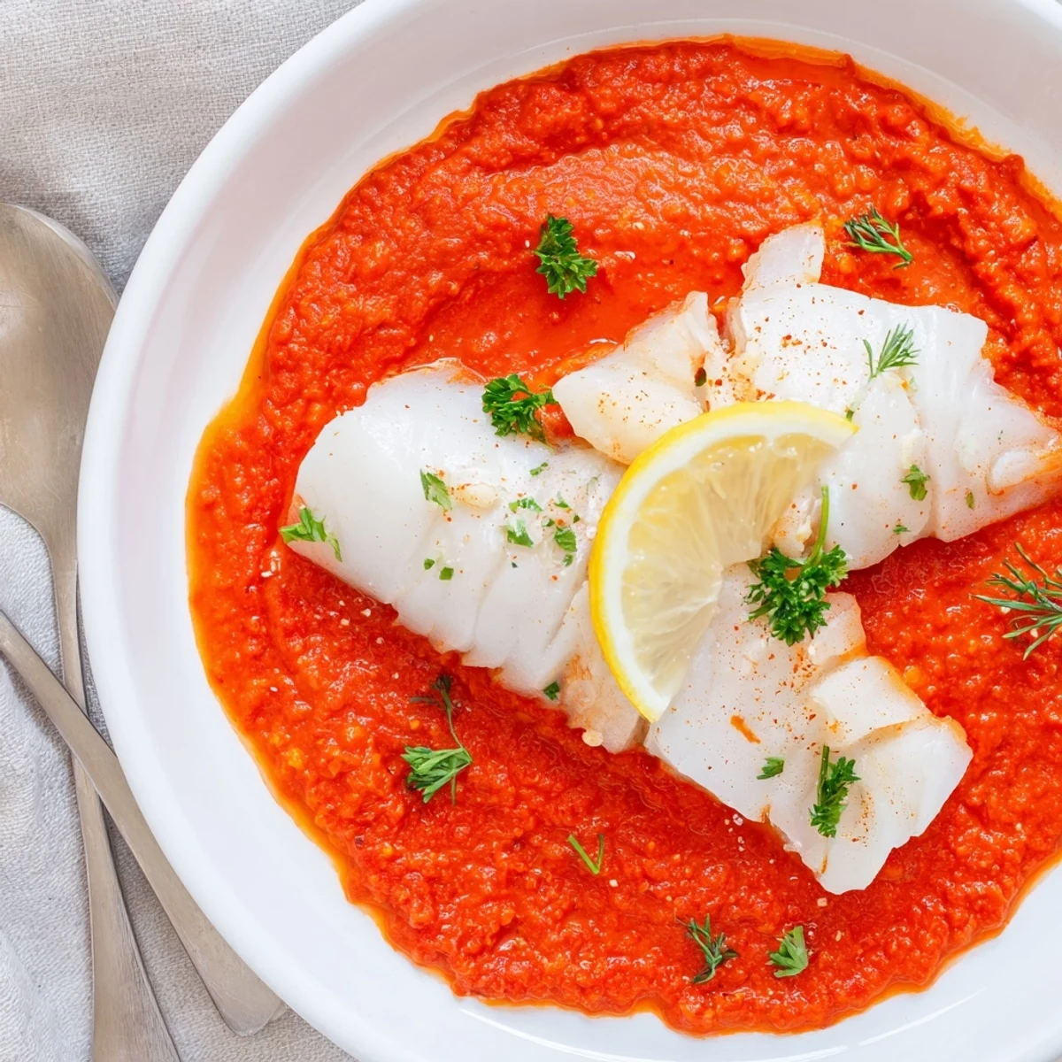 Simple Cod In Roasted Red Pepper Sauce served with rice to soak up flavors