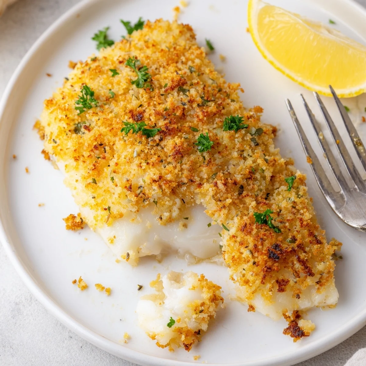 Boston Baked Cod with golden breadcrumb crust, lemon wedges and parsley