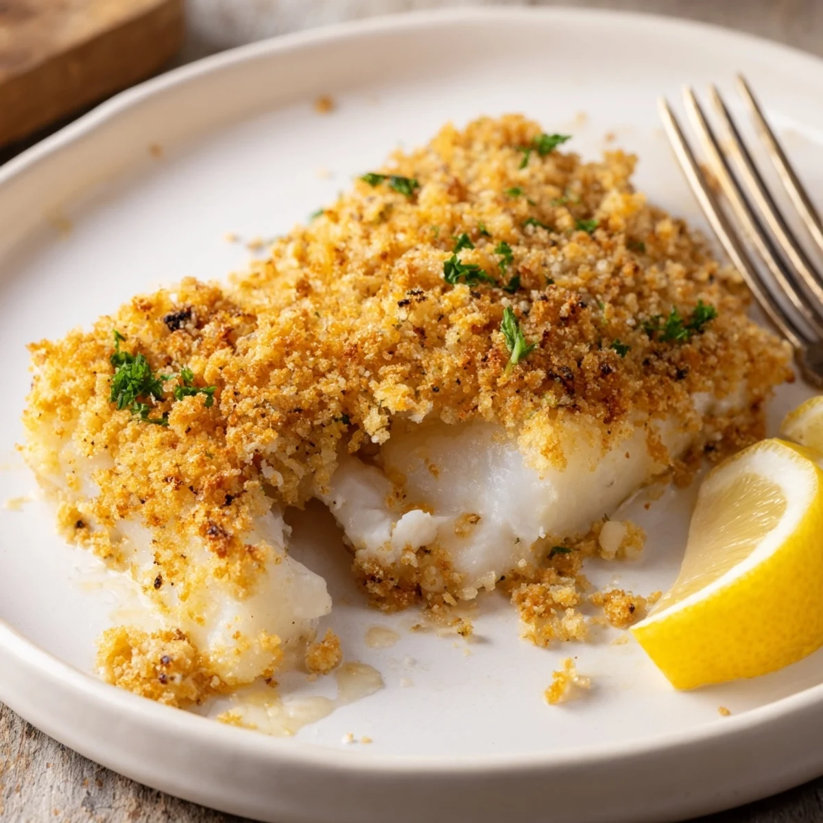 Oven-roasted Boston Baked Cod, flaky fillets beneath a crisp buttery topping