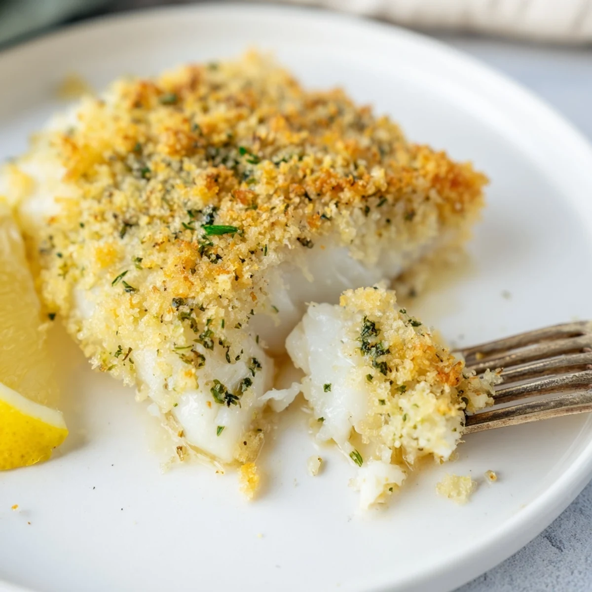 Homestyle Boston Baked Cod served hot with lemon for bright acidity