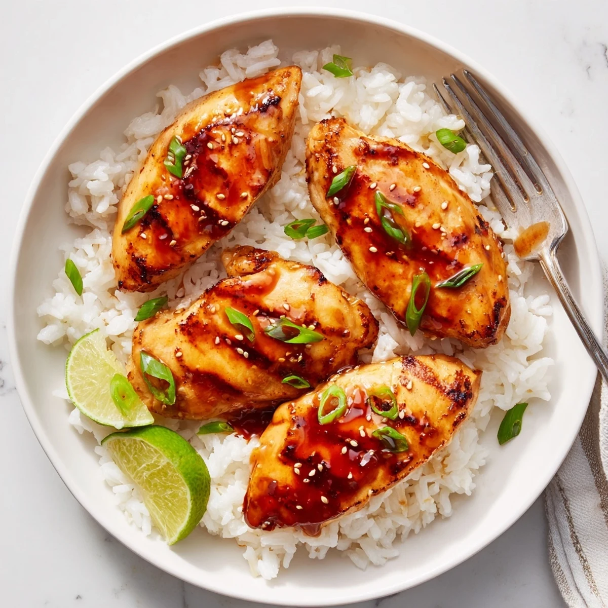 Spicy Maple Chicken And Coconut Rice plated with lime wedges and scallions