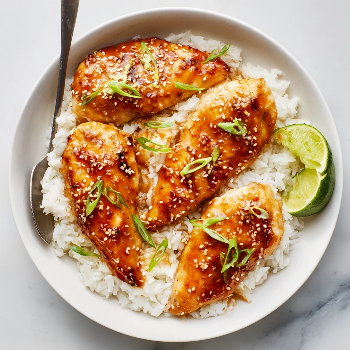Skillet-browned Spicy Maple Chicken And Coconut Rice steaming, glossy maple glaze