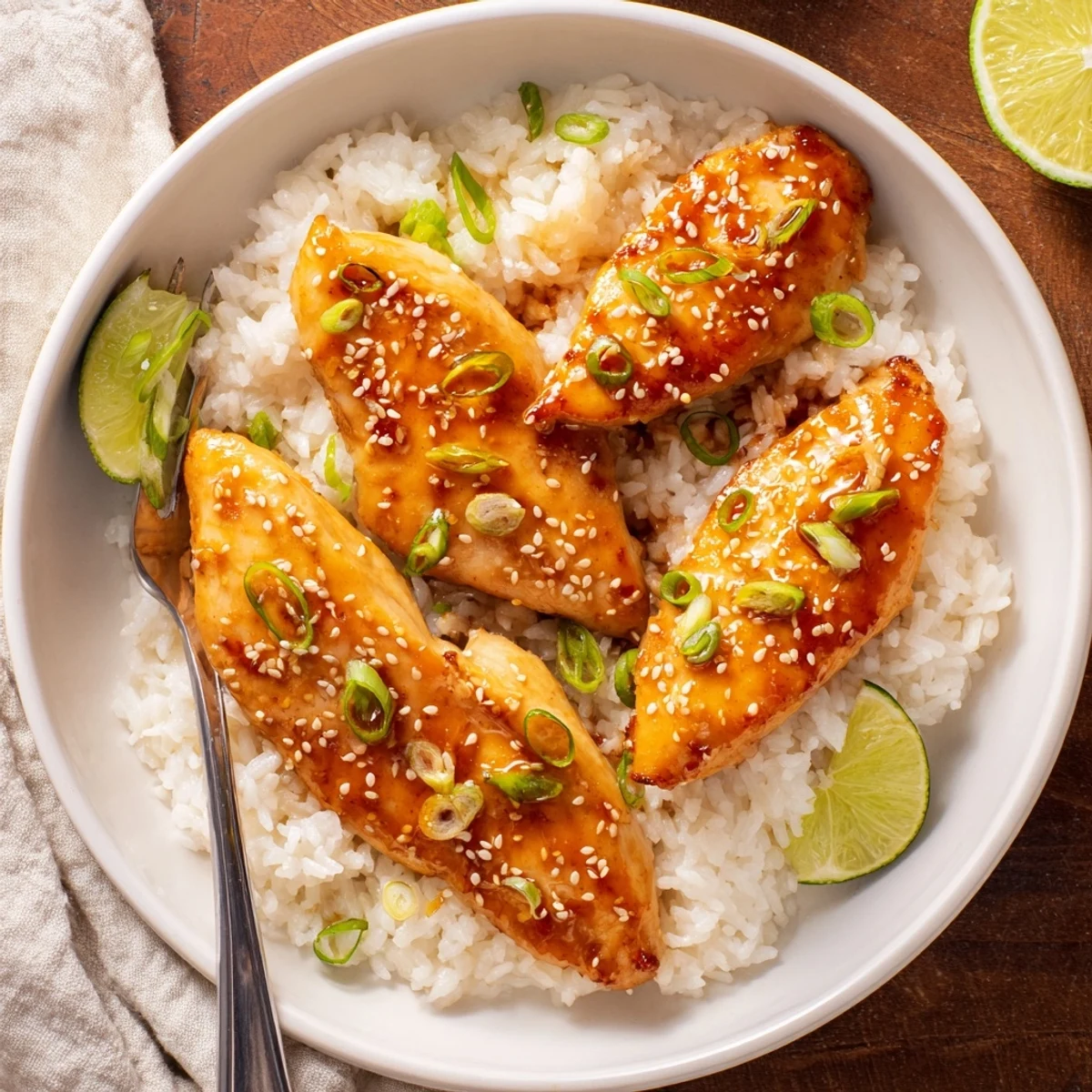 Juicy Spicy Maple Chicken And Coconut Rice served with toasted sesame and lime