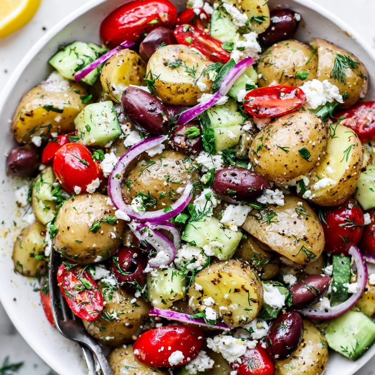 Olive Greek Potato Salad with creamy feta, briny olives, and lemony dressing