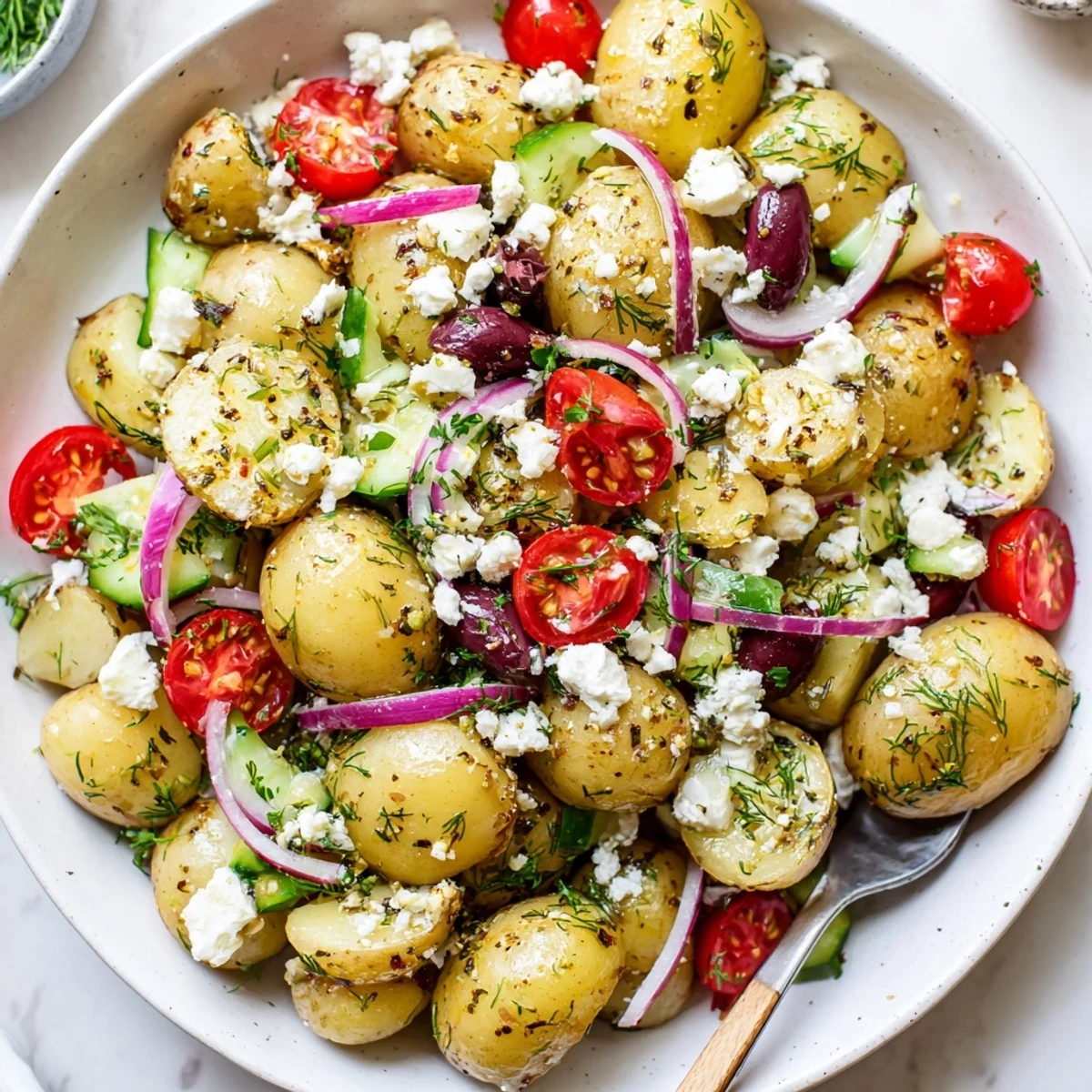Olive Greek Potato Salad, perfect picnic side with warm potatoes and crisp cucumbers