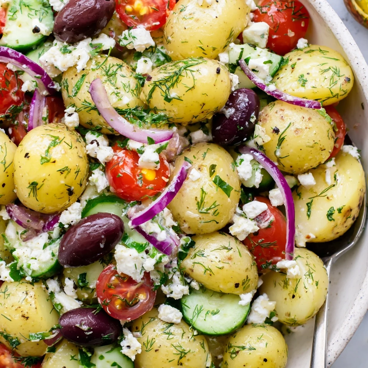 A tangy Olive Greek Potato Salad tossed in lemon herb dressing, chilled