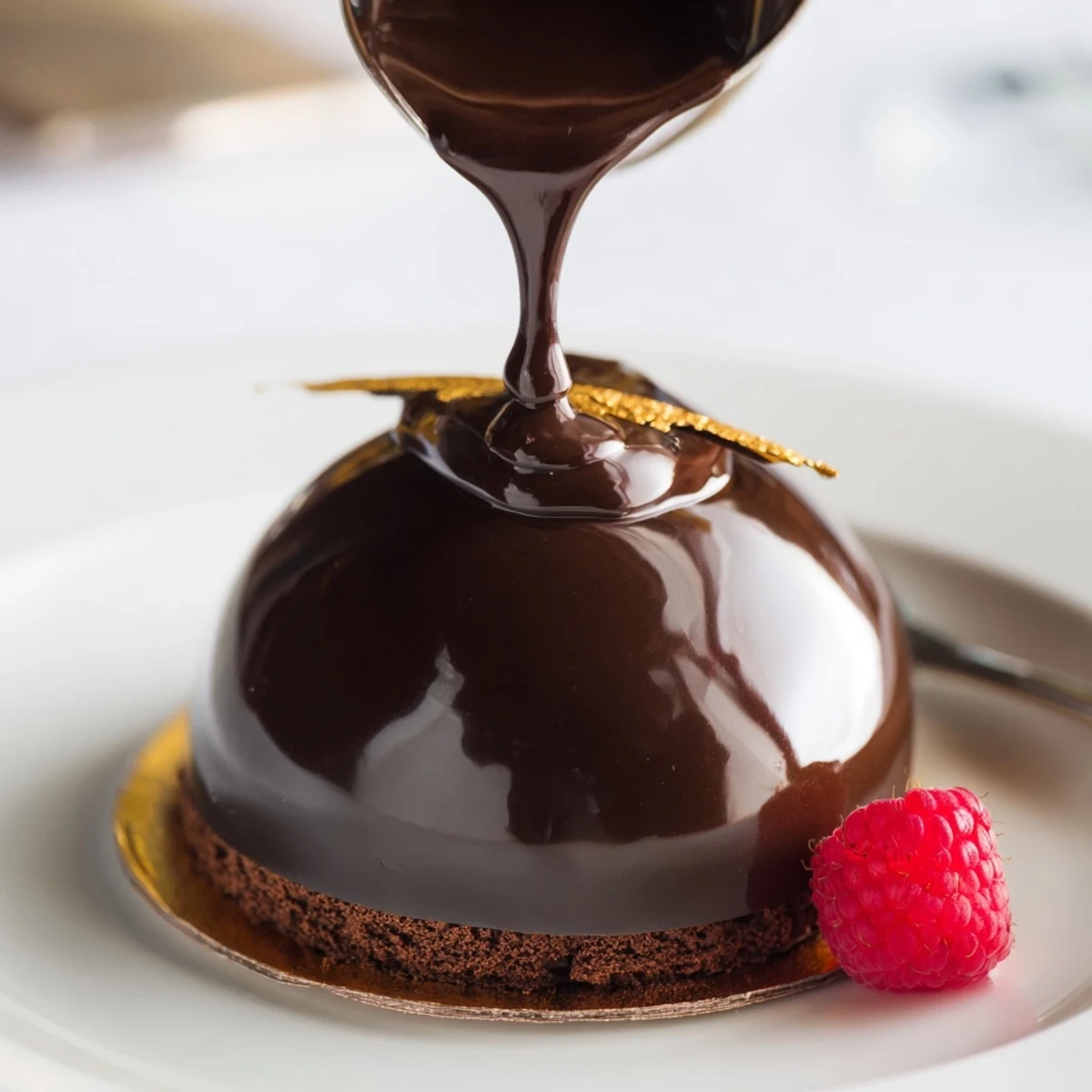 Plated Elegant Chocolate Mascarpone Dome Dessert With Glossy Shells beside espresso, fresh berries