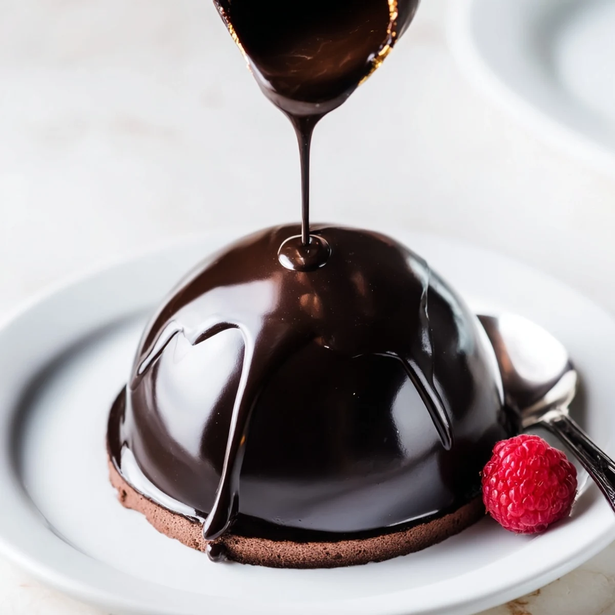 Elegant Chocolate Mascarpone Dome Dessert With Glossy Shells gleaming, velvety mousse and gold leaf