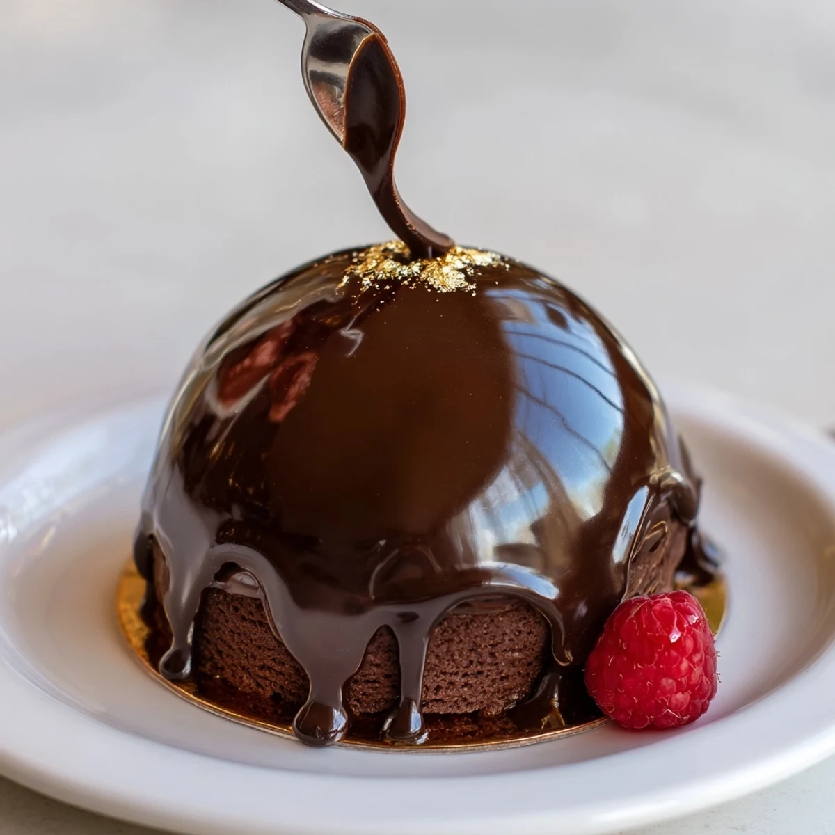 Close-up of Elegant Chocolate Mascarpone Dome Dessert With Glossy Shells, silky mirror glaze