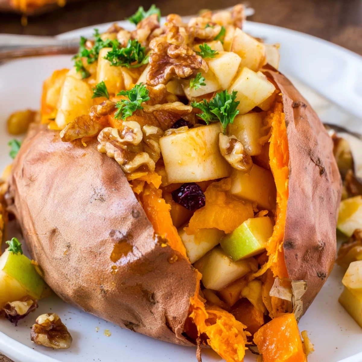 Oven-roasted Stuffed Sweet Potatoes With Apples split open, cinnamon-scented filling
