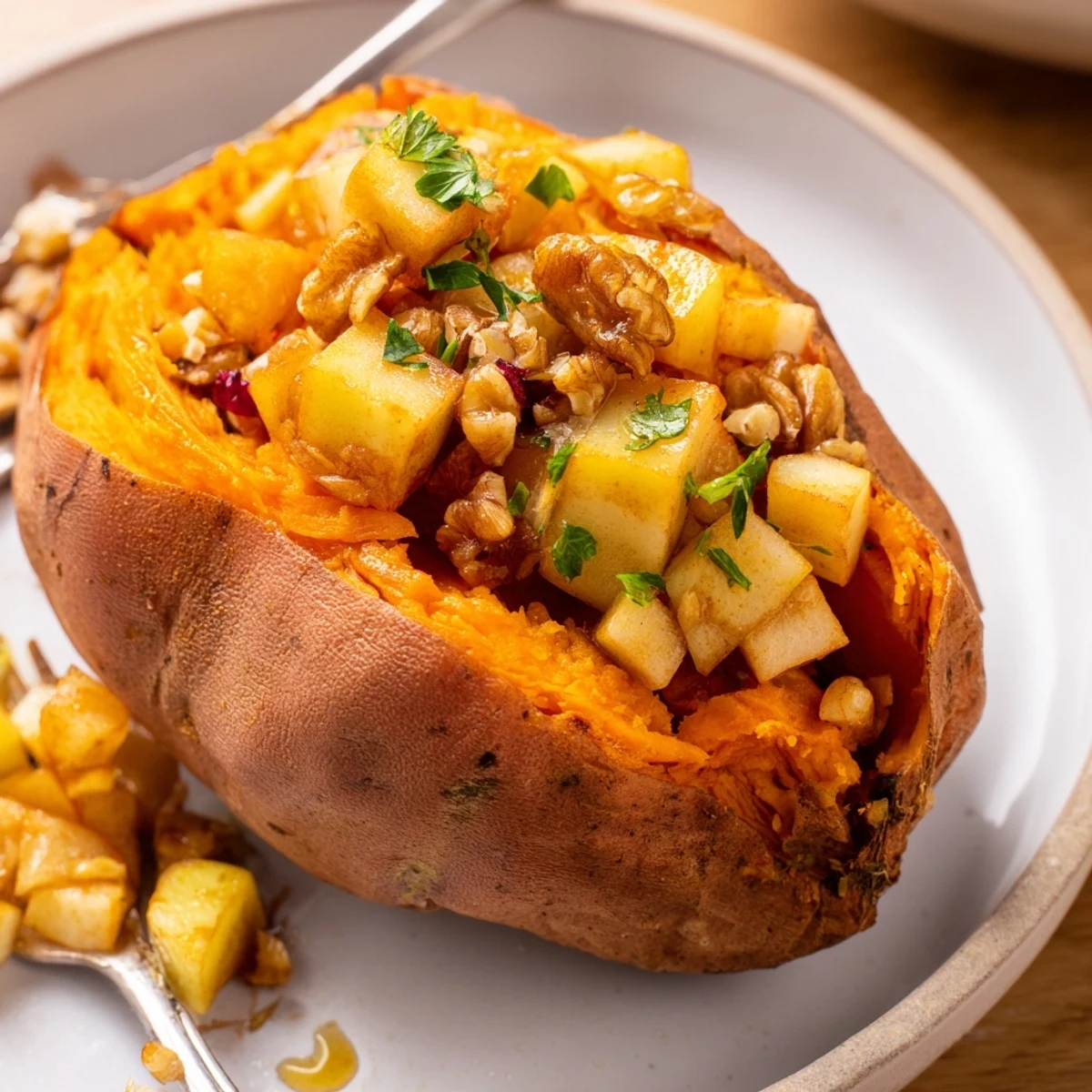 Warm Stuffed Sweet Potatoes With Apples topped with crunchy walnuts and maple syrup
