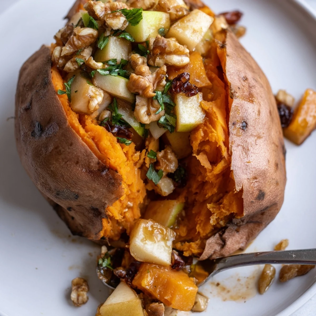 Hearty Stuffed Sweet Potatoes With Apples served warm with parsley and cranberries