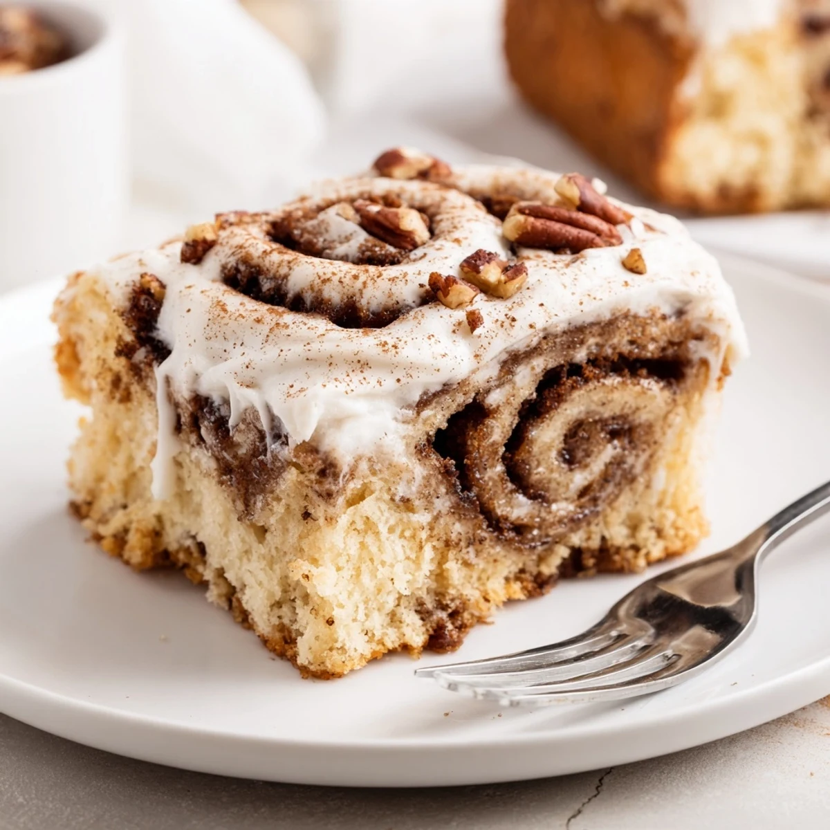 Cinnamon Roll Poke Cake with gooey cinnamon pockets and cream cheese frosting.