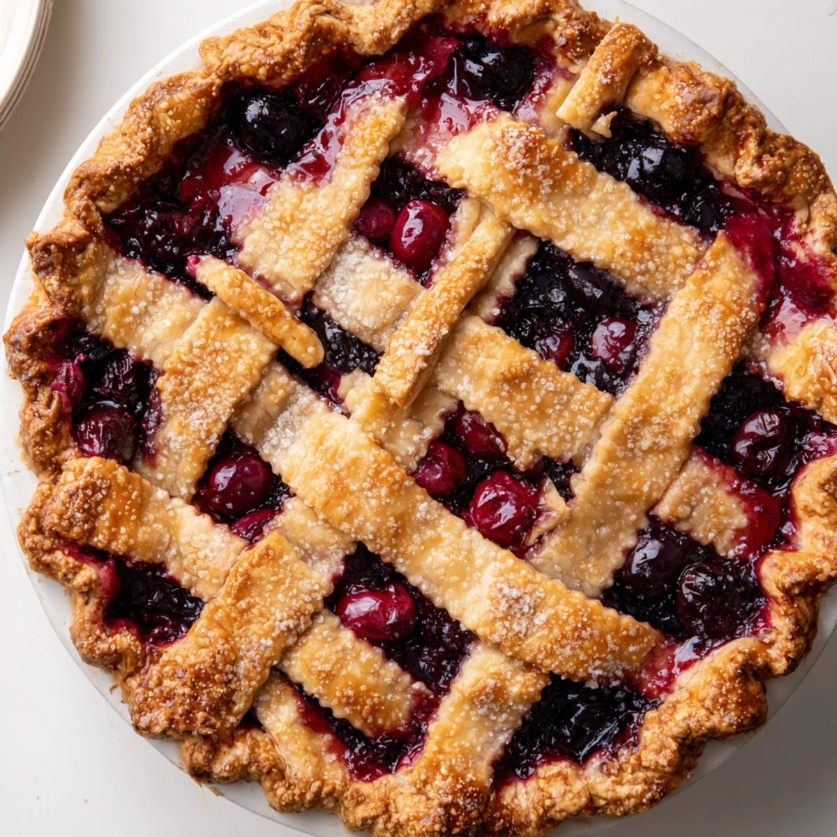 Cherry And Blueberry Pie with bubbling ruby filling and golden flaky crust