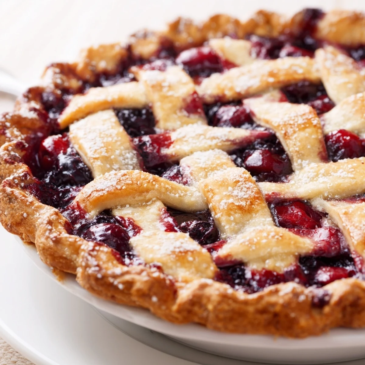 Sliced Cherry And Blueberry Pie served warm with melting vanilla ice cream