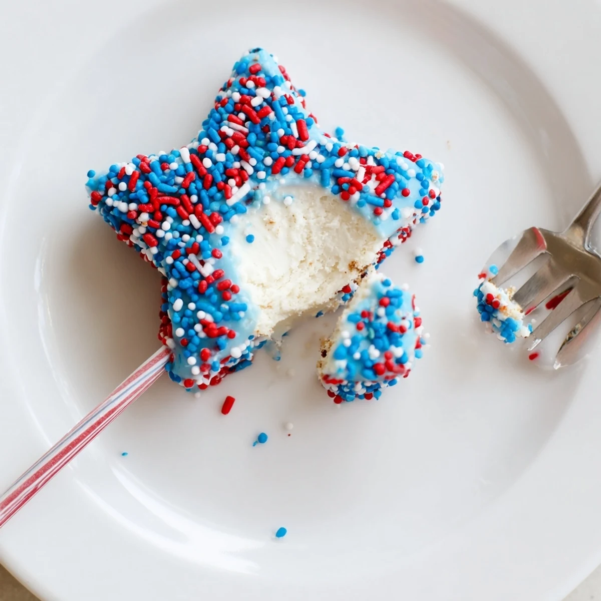 Bright red, white, and blue Fourth Of July Star Cheesecake Pops on sticks