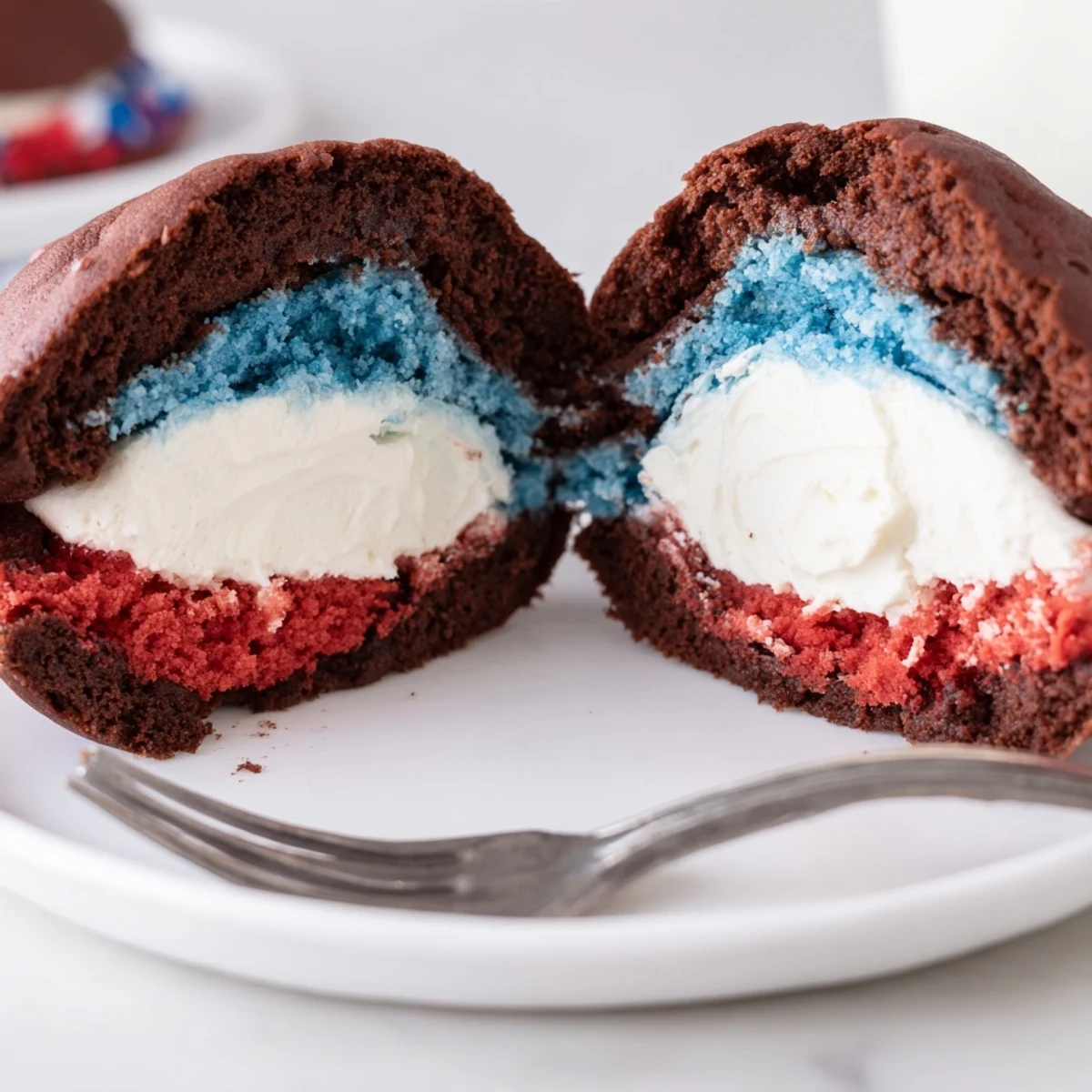 Stacked Patriotic Whoopie Pies on cooling rack, soft cocoa cakes and frosting