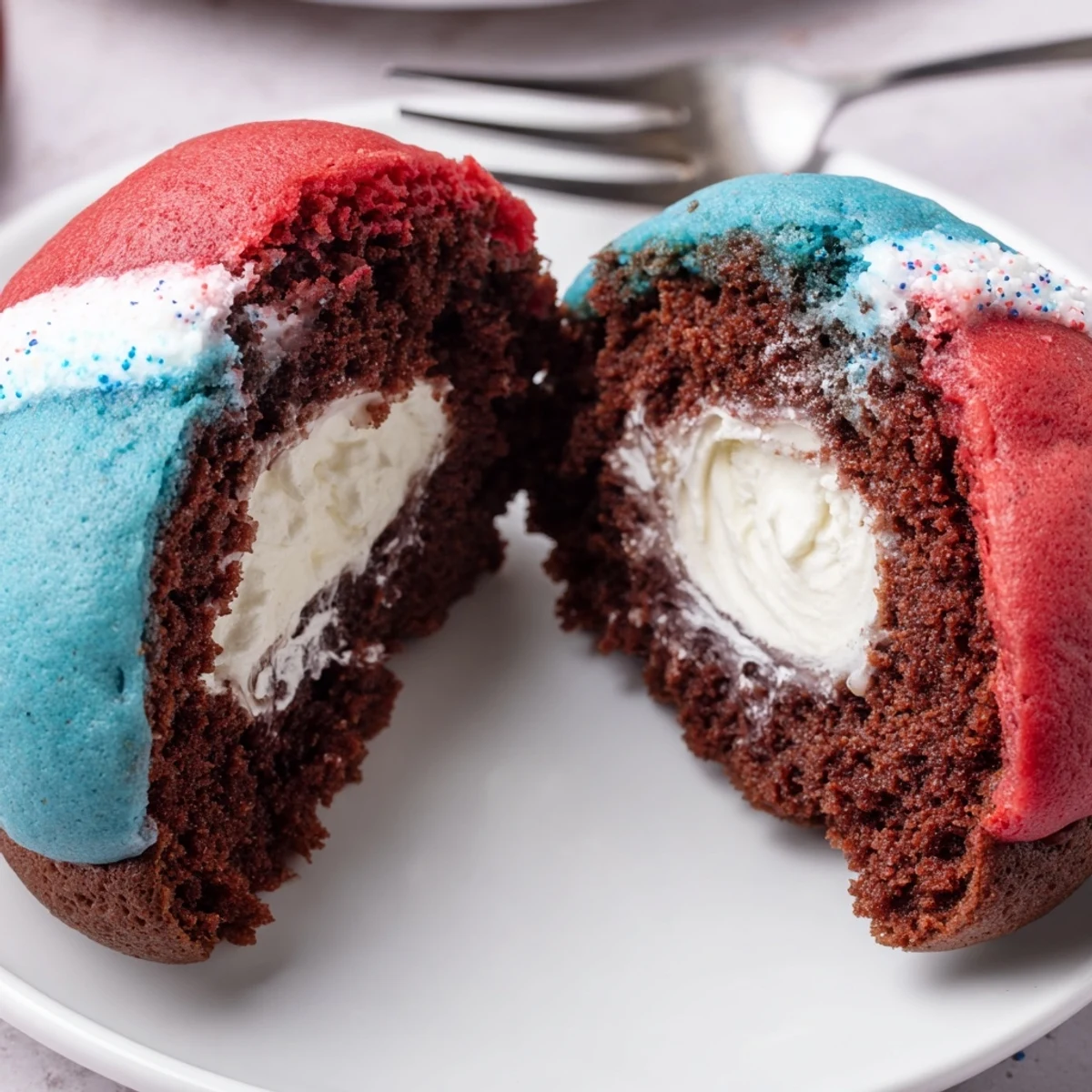 Serve chilled Patriotic whoopie pies, pillowy cake sandwiches garnished with sprinkles