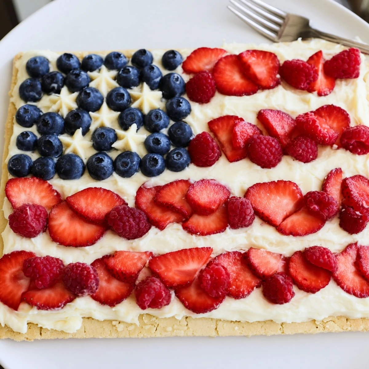 A sliced Sugar Cookie Flag Fruit Pizza chilled, patriotic berries bursting with sweetness