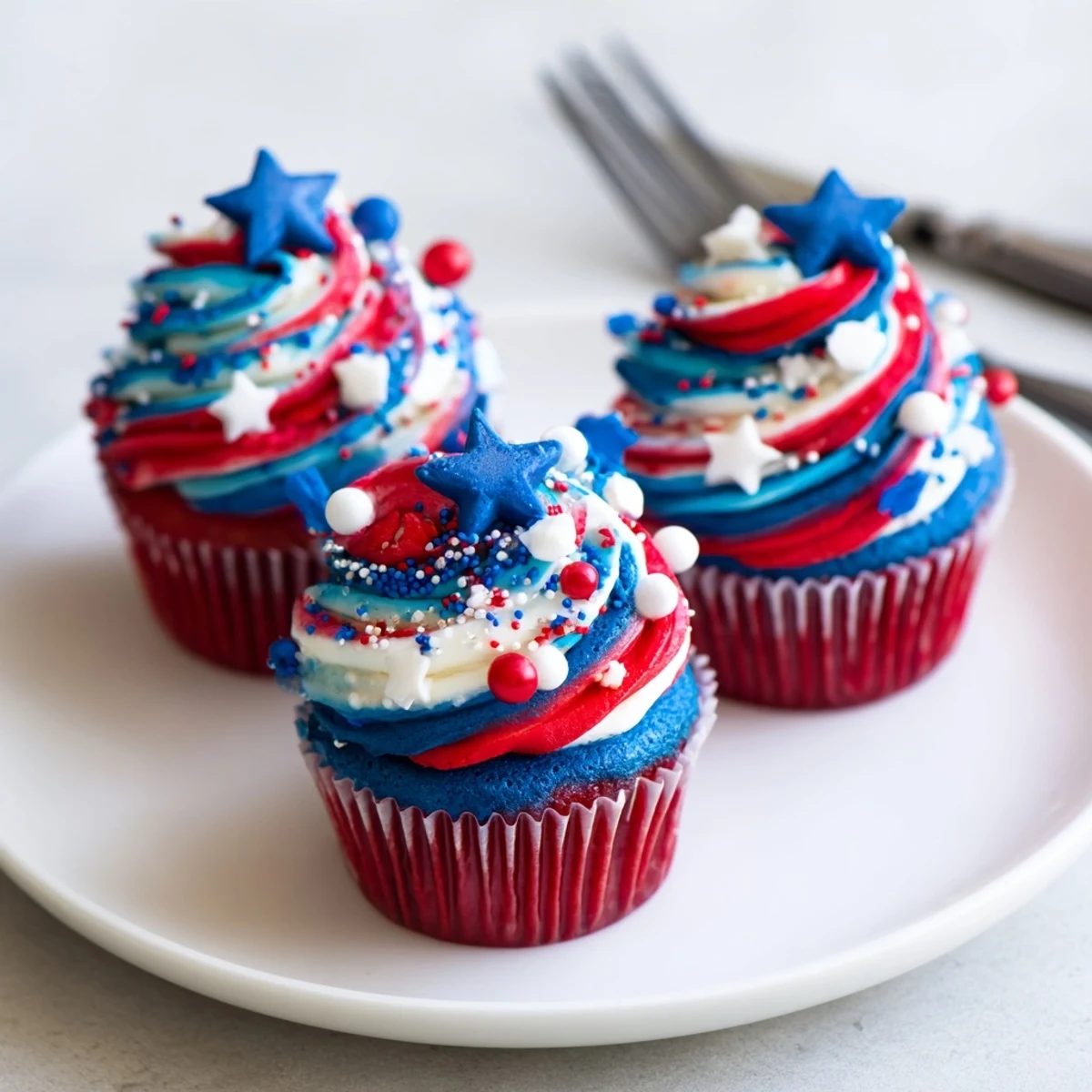 Frosted Patriotic Firework Cupcakes topped with crunchy star sprinkles, ready for backyard BBQs  