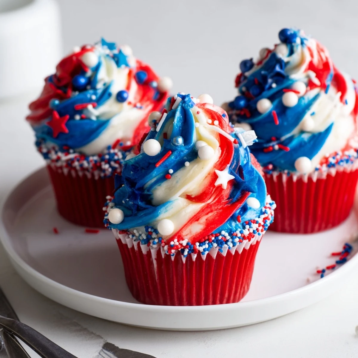 Plated Patriotic Firework Cupcakes glowing under sparklers, soft vanilla cake center