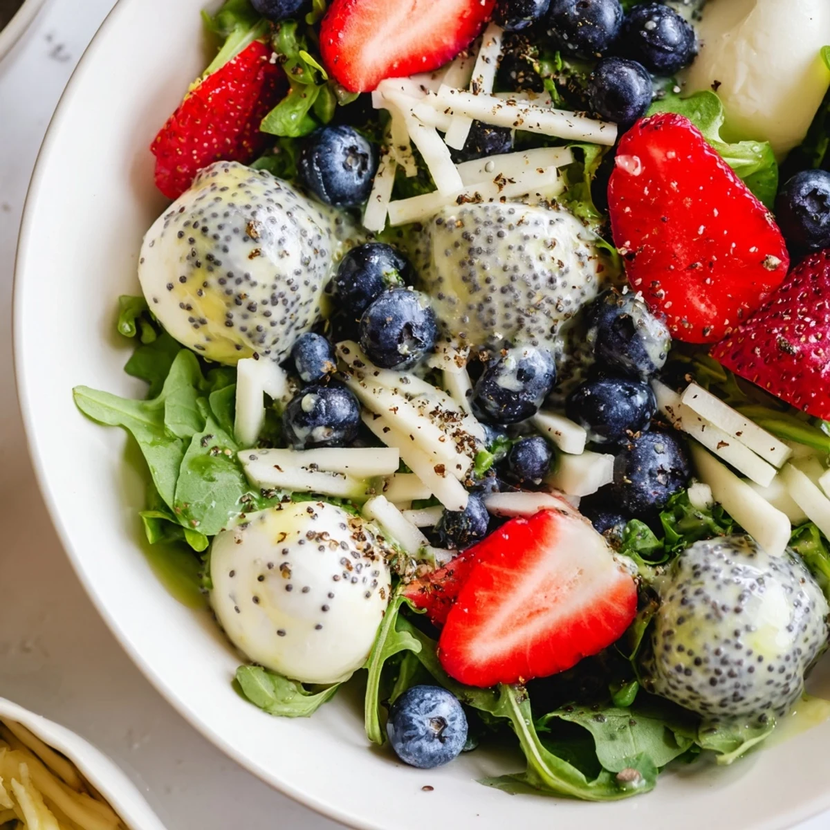 Colorful 4th Of July Salad with juicy strawberries, blueberries, and creamy mozzarella