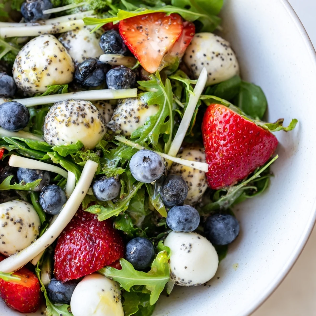 Bright 4th Of July Salad tossed in tangy poppy seed dressing, ready to serve