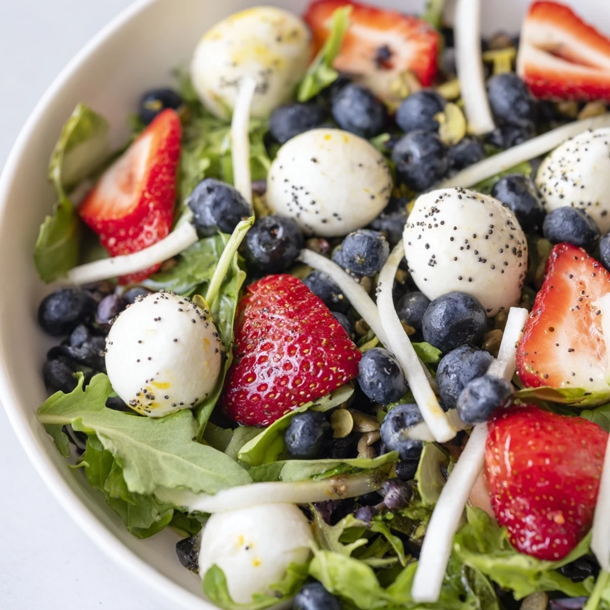 Festive 4th Of July Salad on a platter with crunchy jicama and greens