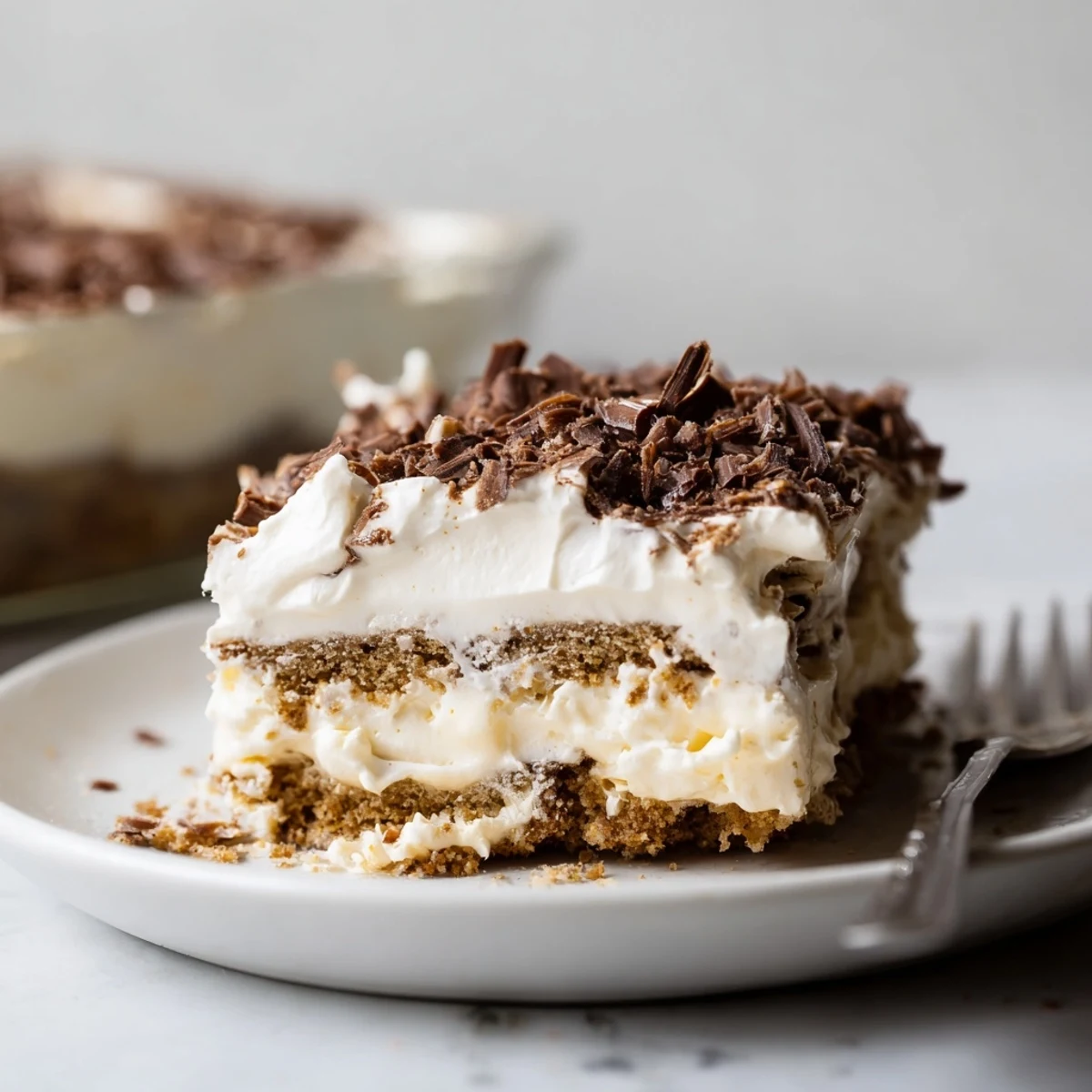 Family-style No Bake Layered Dessert served with coffee, light cocoa dusting on top