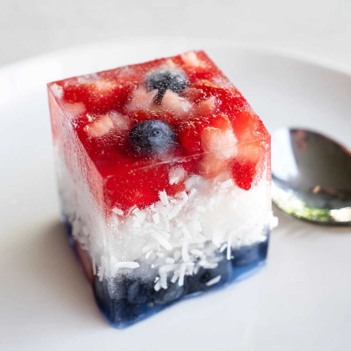 Homemade Red White And Blue Ice Cubes recipe partially frozen, layered coconut and berries