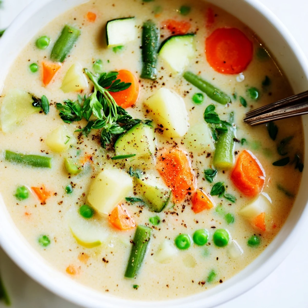 Creamy Vegetable Soup Recipe, velvety and warm, ladled into a ceramic bowl