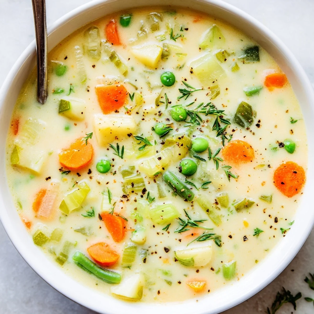 Hearty Creamy Vegetable Soup Recipe simmered with thyme, served with crusty bread
