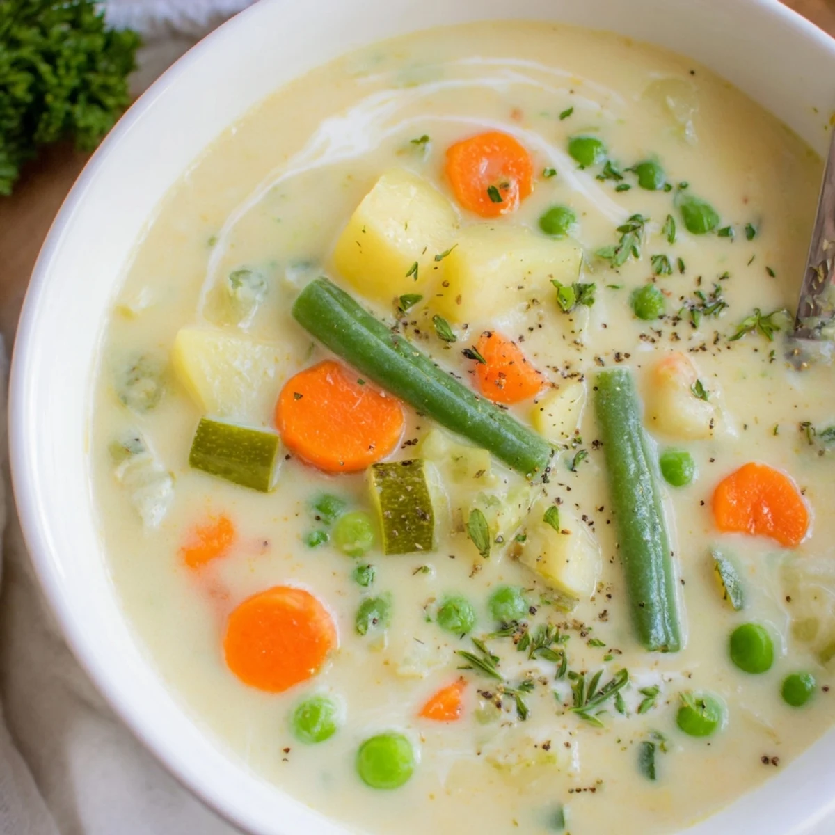 A steaming bowl of Creamy Vegetable Soup Recipe, silky broth with tender vegetables