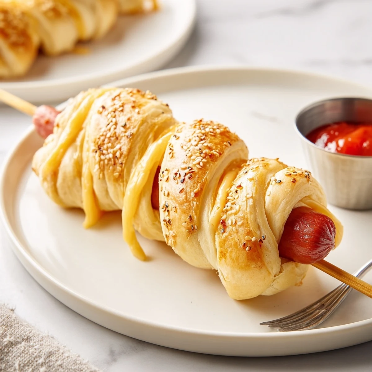 Party ready Firecracker Hot Dogs Recipe skewered, brushed with butter, mustard dip.
