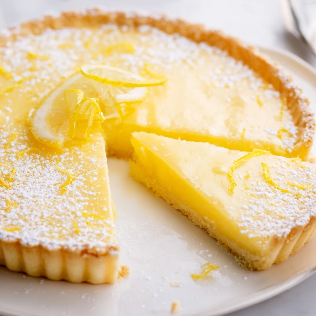 Slice of Creamy Lemon Tart Recipe served with powdered sugar and fresh berries