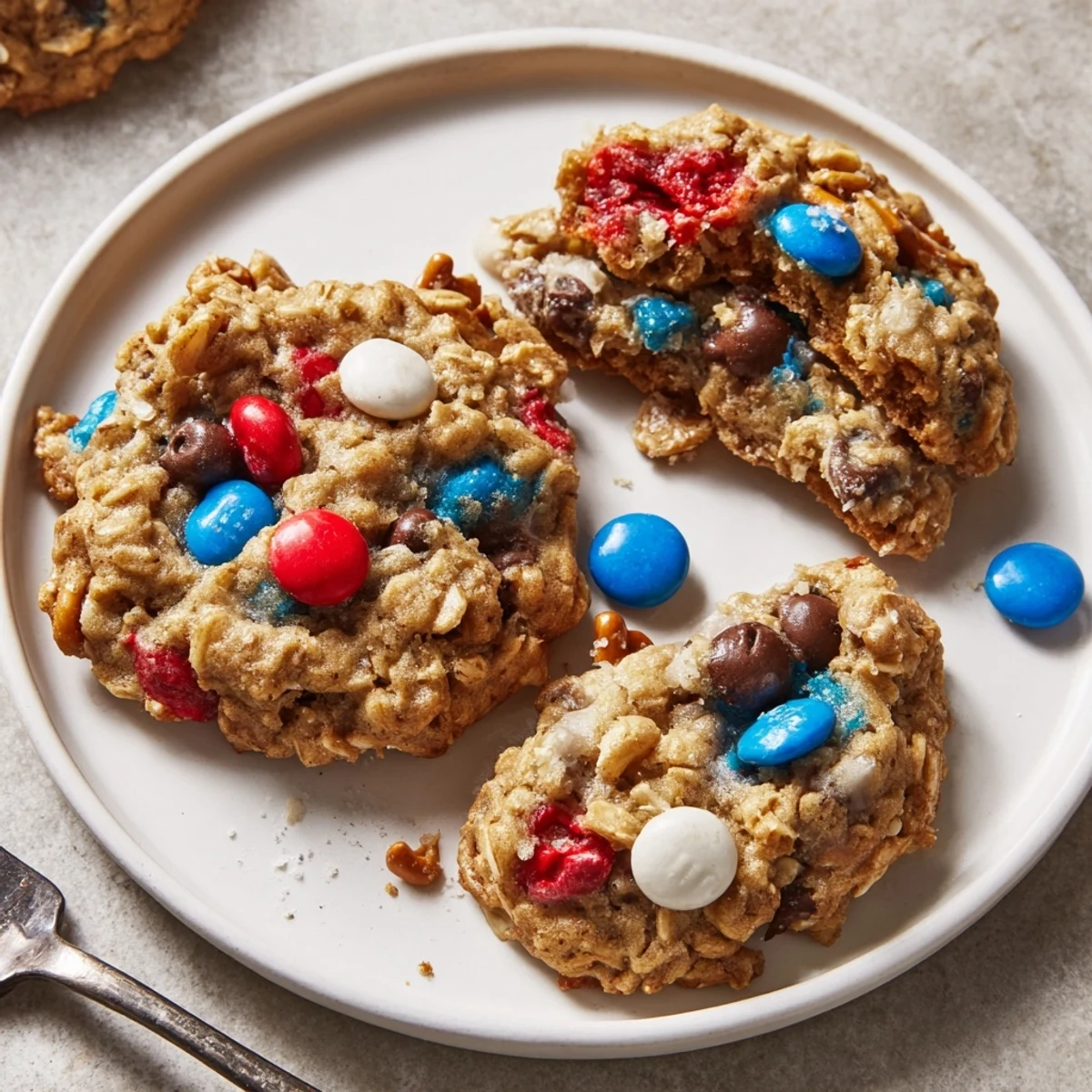Warm Patriotic Monster Cookies Recipe cooling on rack, oats and candy glistening