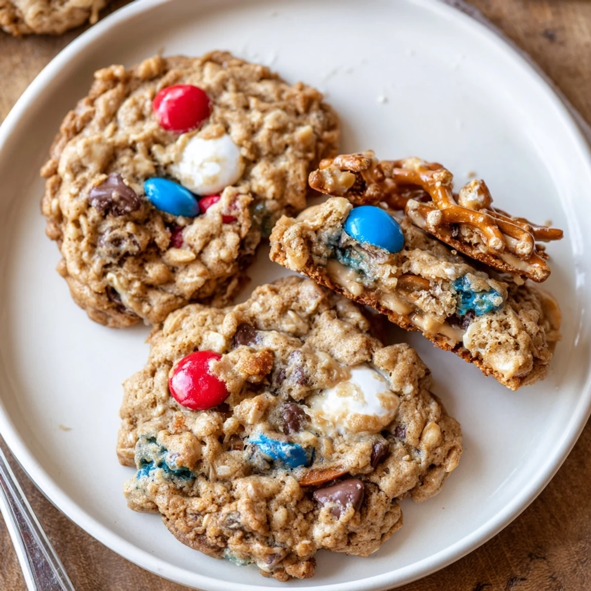 Stacked Patriotic Monster Cookies Recipe with melty chocolate chips, chewy peanut butter