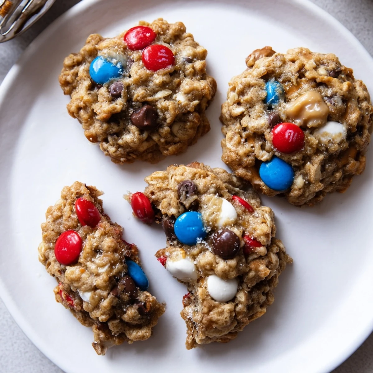 Patriotic Monster Cookies Recipe on parchment, crisp edges, soft centers, ready to serve