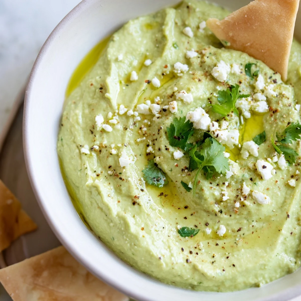 Bowl of Creamy Avocado Feta Dip, smooth, tangy, drizzled with olive oil