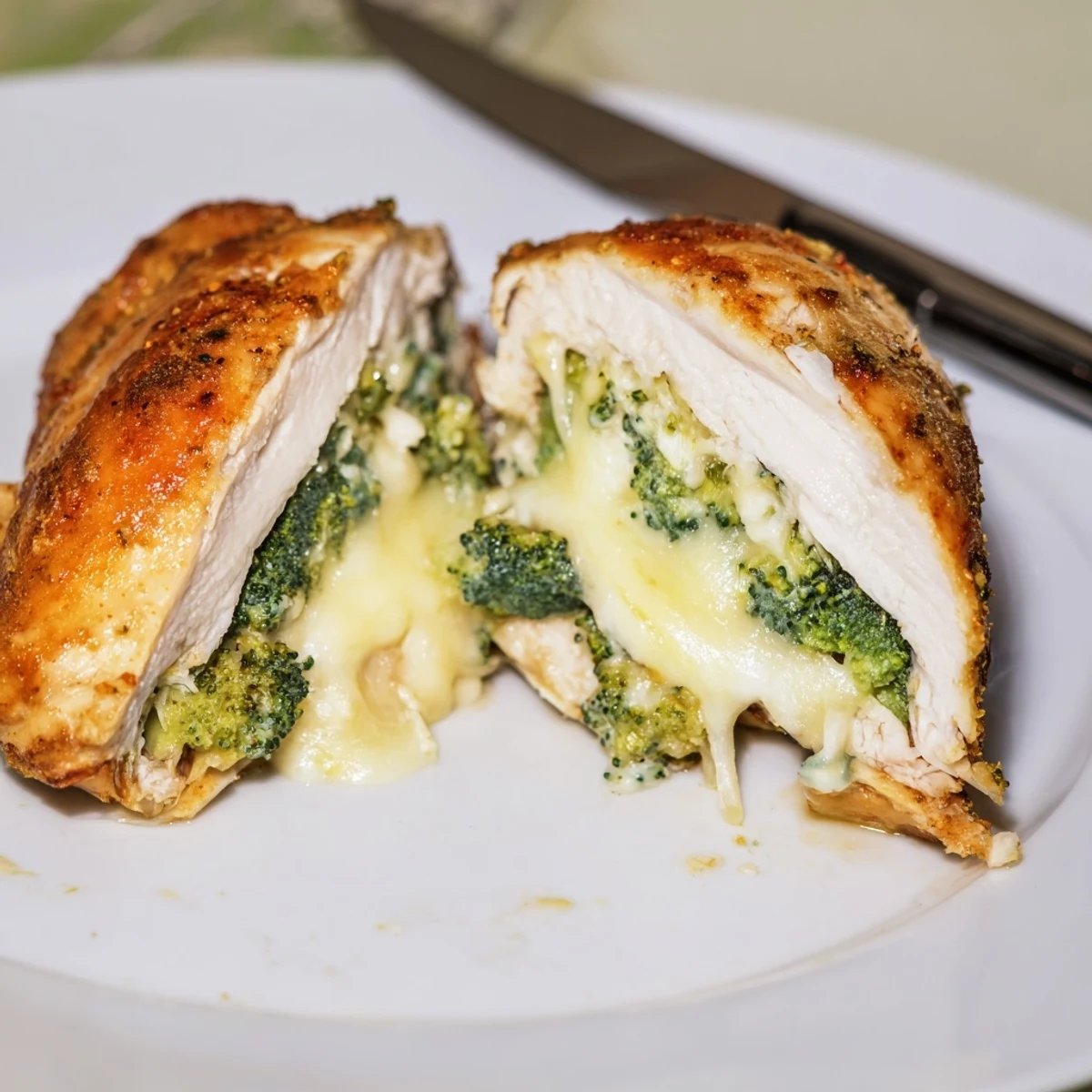 Oven baked Broccoli Cheese Stuffed Chicken Breast resting, steam rising, ready to serve