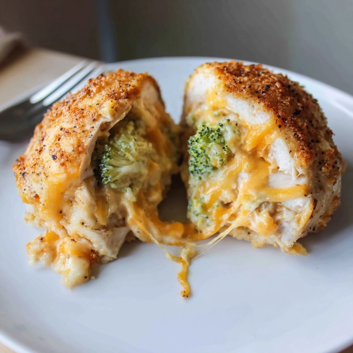 Broccoli Cheese Stuffed Chicken Breast with bubbling golden cheddar, sliced on cutting board