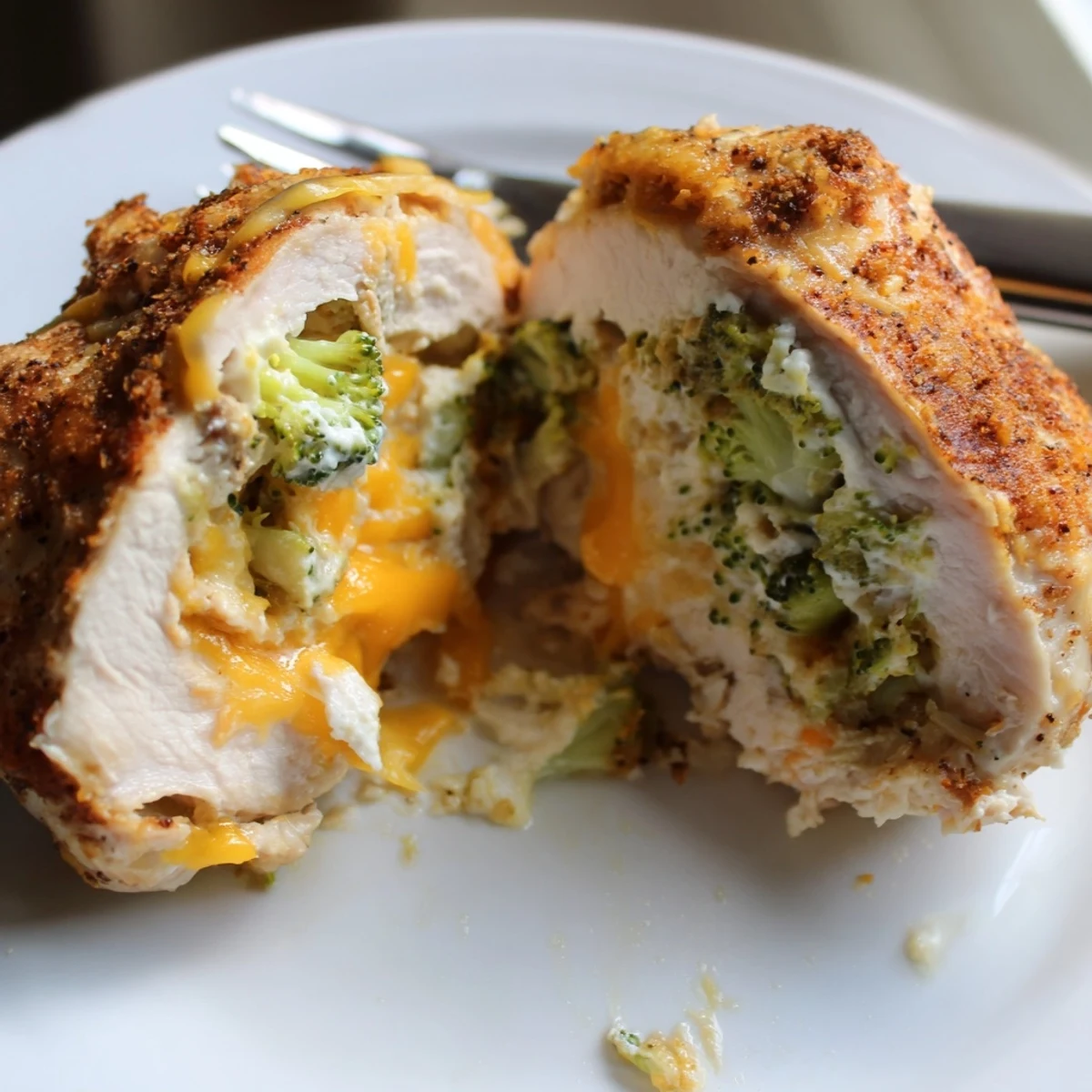 Plate of Broccoli Cheese Stuffed Chicken Breast revealing creamy filling, served with salad