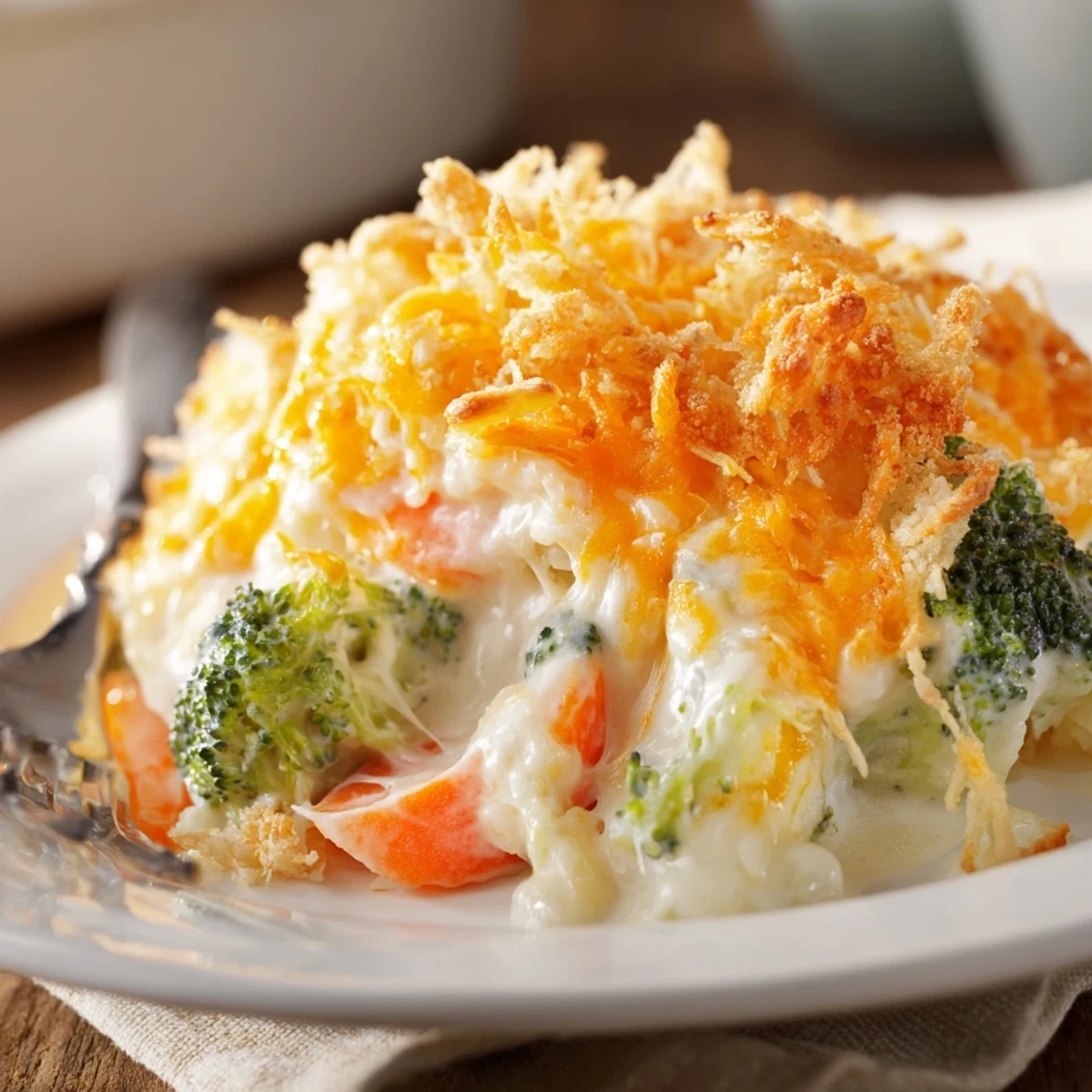 Golden Cheese Bake Broccoli Carrots bubbling in a casserole, creamy, breadcrumb-topped.
